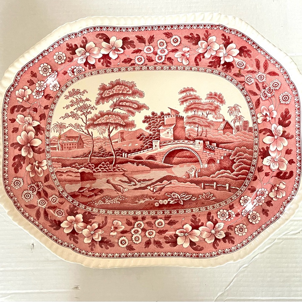 Copeland Spode TowerVintage Red Pink White Serving Platter 17”x14”